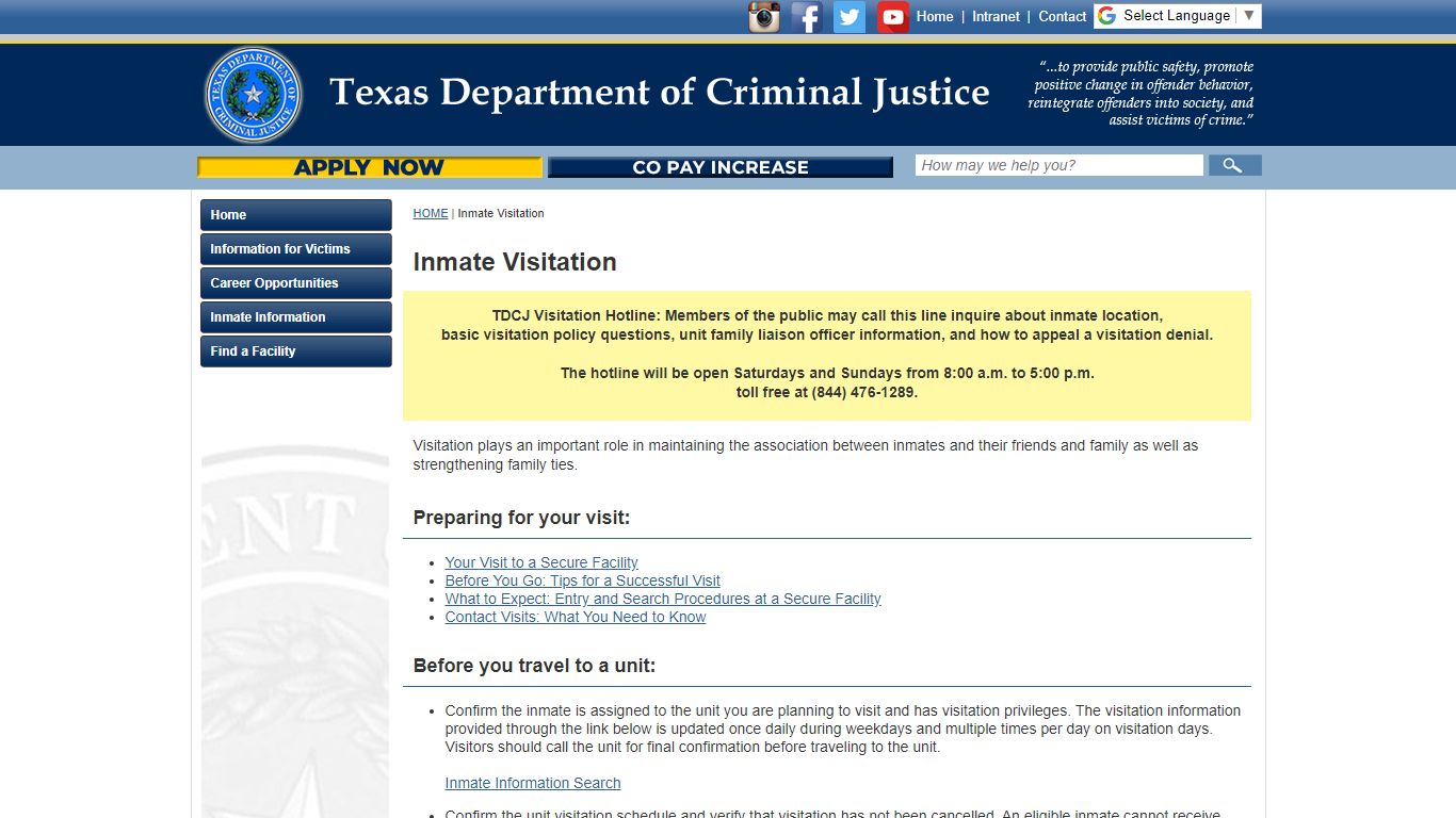 Inmate Visitation - Texas Department of Criminal Justice